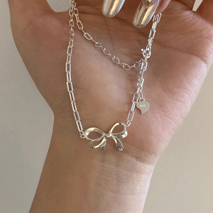 Collana con fiocco traforato in argento sterling s925, una catena dolce ed elegante per la clavicola, ideale per la figlia di una donna <span class=keywords><strong>chaebol</strong></span>. - Product Image 2