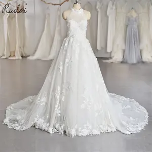 Ruolai QW01361 Romantic Halter Appliqued Lace Sleeveless Ivory Plus Size Wedding Dresses for Bride