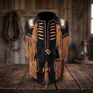 Gilet élégant en cuir suédé perlé, désossé et frangé Cowboy pour hommes - Product Image 2