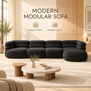 โซฟาโมดูลาร์สีดำสไตล์ร่วมสมัย 4 ที่นั่ง พร้อมเก้าอี้ยาวแบบ Chaise Lounge พนักพิงแบบ Layered Bolster และเบาะรองนั่งแบบหนา สำหรับตกแต่งภายในสไตล์โมเดิร์น - Product Image 6