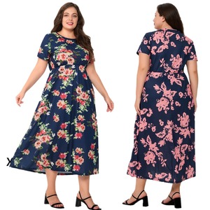 Vestido casual de verano para mujer de talla grande, con cuello redondo y manga corta, disponible para entrega inmediata. - Product Image 1