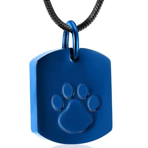 Commemorative Pet Urn Necklace For Ashes Stainless Steel Blue Bar Pendant Rectangle Paw Pendants Pets Urn Necklace