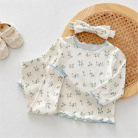 Ensemble pyjama bébé fille boutique, manches longues, col rond, imprimé floral côtelé, leggings à bord festonné, vente en gros, vêtements de nuit pour enfants