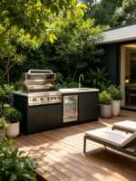 Cuisine BBQ extérieure intégrée à la nature, hauteur réglable, design dédié, terrasse en bois, barbecue tout-en-un en acier inoxydable