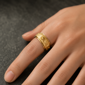 Bague en relief céleste 3D, design soleil, lune et étoiles, or mat, argent oxydé, noir, unisexe, cadeau mystique - Product Image 6
