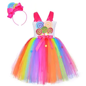 Candyland-vestido de princesa para niñas, tutú de malla, piruleta, arcoíris, para cumpleaños, con diadema