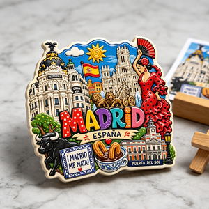 Imán de nevera moderno de madera con bailarina de flamenco de la <span class=keywords><strong>Puerta</strong></span> <span class=keywords><strong>del</strong></span> <span class=keywords><strong>Sol</strong></span>, recuerdo de viaje de Madrid, España, decoración 3D pintada en MDF de forma irregular - Product Image 3