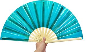 High Quality Satin Foldable Hand Fan Large Rave Under UV Light Holographic Reflective Angel Carving Traditional Style - Product Image 2