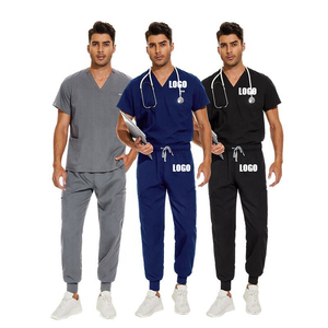 Nuova <span class=keywords><strong>Divisa</strong></span> Medica Personalizzata OEM in Spandex per Uomo, Set Uniforme Infermieristica Elasticizzata con Pantaloni Jogger <span class=keywords><strong>Blu</strong></span> per Ospedale - Product Image 2