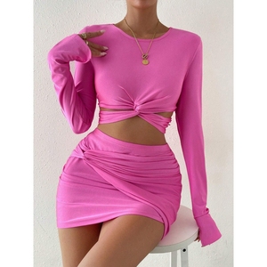 New Short Long Sleeve T-shirt <b>Elastic</b> Waist Wrap Hip Short <b>Skirt</b> Women's Casual 2-piece Set Fashion - Product Image 2