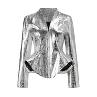 Veste en cuir pour femme 2026 tendance, en cuir de mouton véritable gaufré façon croco, coupe courte sans col, style peplum, ajustée, idéale pour les soirées