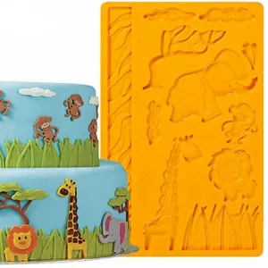 Bakvormen 3D Gras Fondant Siliconen Mal Dier Giraffe Olifant Aap Leeuw Siliconen Cakevorm Gum Paste Cake Decorating Gereedschap