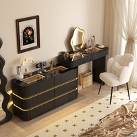 OUGOO Table de maquillage de chambre à coucher en bois massif couleur crème, style nordique, luxe léger et moderne, avec panneau en contreplaqué, miroir intelligent et tiroirs