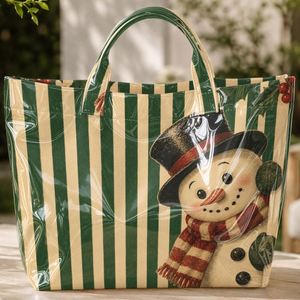 Bolsa de Mano de PVC con Estampado de Muñeco de Nieve a Rayas Vintage Navideñas, Impermeable, de Gran Capacidad, para Regalos Navideños y Compras - Product Image 5