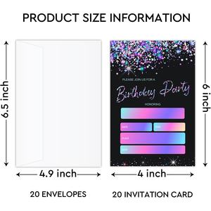 Cartes <span class=keywords><strong>d</strong></span>'<span class=keywords><strong>invitation</strong></span> <span class=keywords><strong>d</strong></span>'<span class=keywords><strong>anniversaire</strong></span> à paillettes noires avec enveloppes Cartes de remplissage <span class=keywords><strong>double</strong></span> face pour fournitures de célébration de fête <span class=keywords><strong>d</strong></span>'enfants modernes - Product Image 2
