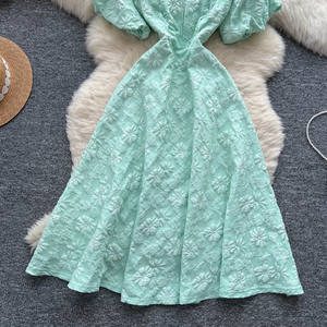 Gaun Jacquard wanita Lengan gelembung leher persegi, gaun Prom bersabuk elegan merah untuk pesta perjamuan - Product Image 4