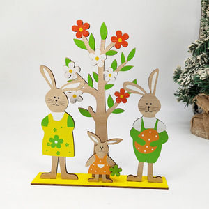 Easter Bunny Ornament Nordic Style Wooden Decor Handmade Cartoon Family Tree With Flowers Indoor Easter Decoration - Product Image 1
