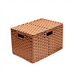 Hot Selling Eco-Friendly Modern <b>Rectangular</b> Plastic Rattan Woven <b>Storage</b> <b>Basket</b> Handle Stackable <b>Storage</b> Organizer for Living - Product Image 4