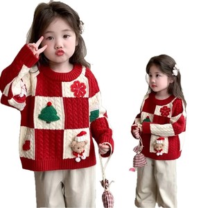 Tongxingyuan Girls Christmas Sweater Red Grid Cartoon Bear Knit Winter Thick Cotton Long Sleeve Kids Top - Product Image 5