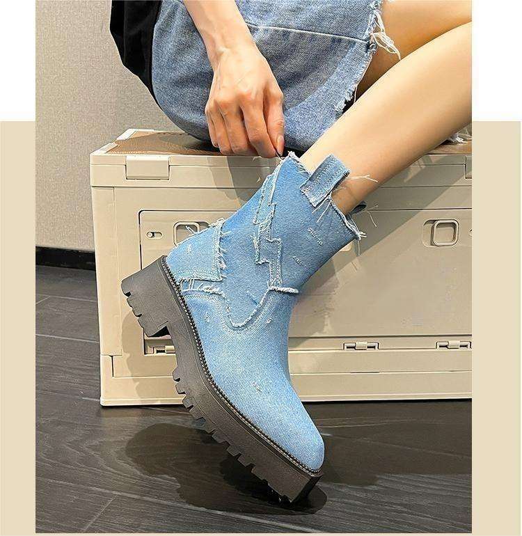 BUSY GIRL SJ4770 Denim Boots for Women Blue Black Denim Jeans