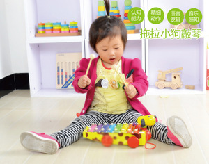 Legno a mano a bussare pianoforte ottava pianoforte <span class=keywords><strong>piccolo</strong></span> cane giallo trascinando a mano a bussare pianoforte educativi del bambino prima educazione giocattolo di musica - Product Image 2