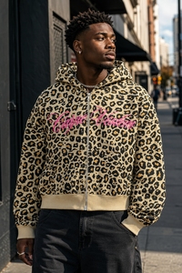 Men's Oversized Vintage Wash Distressed Zip Hoodies 100% Cotton Breathable High Quality Leopard Streetwear Sweatshirt Custom - Product Image 3