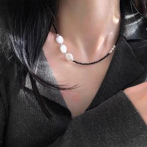 Collier en argent 925 de forme baroque, chaîne de clavicule, cristal noir pointu, lettres en argent brisé, collier de perles naturel tendance - Product Image 5
