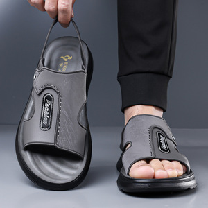 Sandales décontractées d'été pour hommes en cuir véritable à bride en T, motif uni, doublure textile, bout ouvert, semelle extérieure en caoutchouc antidérapante - Product Image 3