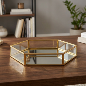 Plateau de rangement géométrique en acier inoxydable avec cadre doré, auto-adhésif, étanche, écologique, design contemporain pour salon - Product Image 1