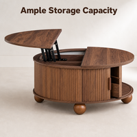 Table basse ronde moderne avec plateau relevable et rangement dissimulé, design cannelé, table centrale en bois pour salon, mobilier intelligent