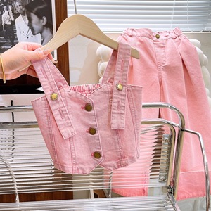 Set di abbigliamento per ragazze 2025 estate nuovo stile per bambini grandi abiti in Denim alla moda con <span class=keywords><strong>bretelle</strong></span> pantaloni dritti abito a due pezzi - Product Image 1