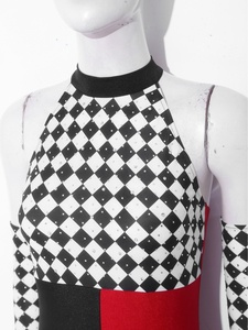 Body de mujer con estampado de tablero de ajedrez, disfraz de arlequín, cuello halter, ribete con volantes, bicolor, para artista de circo, espectáculo escénico, personalizado - Product Image 3