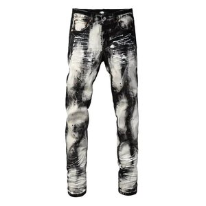 Jean taille haute vintage délavé coupe droite slim, bleu foncé clair, déchiré, style streetwear, écologique et respirant - Product Image 4