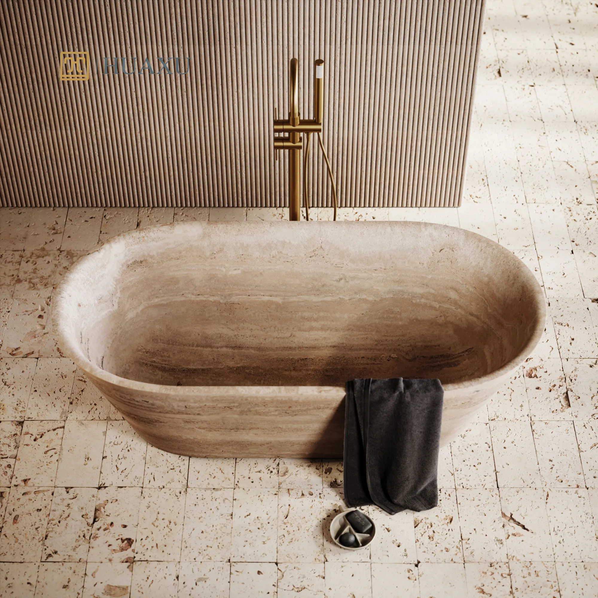 Huaxu Luxury Custom Design Italy Super White Ivory Marble Hand Craved Free Standing Travertine Bathtub