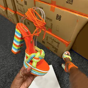 IDOIT Customized New Style Stiletto Open Toe Sandals Colorful Rope Design Tie Up Block Heels