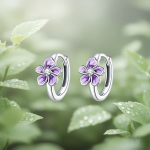 Orecchini a cerchio E3972 in oro bianco con fiore e cristalli incastonati a griffe, per l'uso quotidiano da donna, stile romantico - Product Image 2