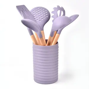 Набор Цветной силиконовой кухонной утвари, термостойкая антипригарная сковорода, 8 наборов ложек с деревянной ручкой