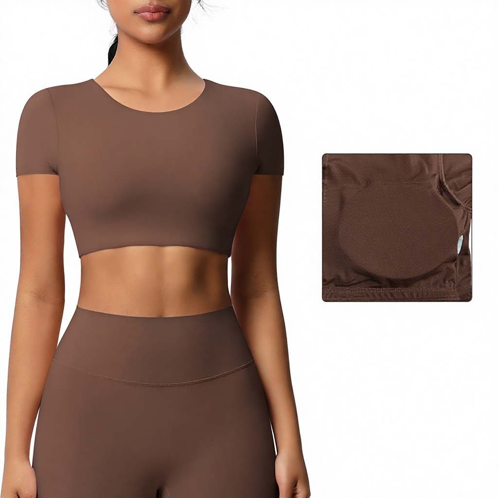 In-stock Breathable Spandex/Nylon Double-sided Brushed Yoga Top Built-in Bra Tight-fitting Short-sleeve T-shirt Pilates Top