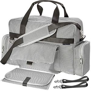 Sac à langer pour bébé, fabriqué en usine BSCI, imperméable, unisexe, rayé gris et crème - Product Image 1