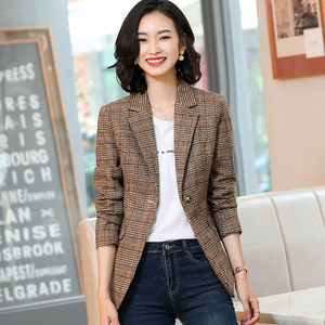 Women's Plaid Blazer Coffee Color Long Sleeve Anti-Wrinkle Casual Wear - Product Image 1