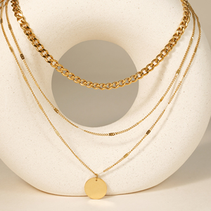 Collar CLIORO de Acero Inoxidable de 3 Capas con Cadena Cubana Multicapa y Colgante de Disco Redondo Apilable para Mujer - Product Image 3