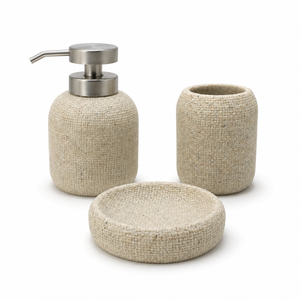 Ensemble de salle de bain en résine de sable à texture lin naturel rustique, accessoires aspect tissé beige pour une décoration de salle de bain neutre - Product Image 1