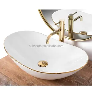 Europe modern design porcelain white counter top ceramic basin bathroom art basin gold rim hand wash basin sink with gold line