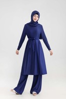 Ensemble de burkini pour femmes musulmanes, mode modeste bleu foncé, avec logo personnalisé OEM, couvrant entièrement le corps, opaque, kit de vêtements de plage