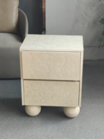 Nouvelle table de chevet carrée en marbre SMDI, table de chevet en travertin à 2 tiroirs, table de chevet à base sphérique