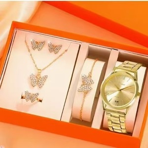 Женские золотые кварцевые часы в деловом стиле с бриллиантами, женские наручные часы с ремешком из нержавеющей стали, 4 браслета, подарочный набор с коробкой - Product Image 4