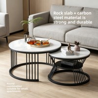 Table basse ronde moderne de luxe léger en dalle de roche dorée avec espace de rangement pour petits appartements, structure en fer forgé