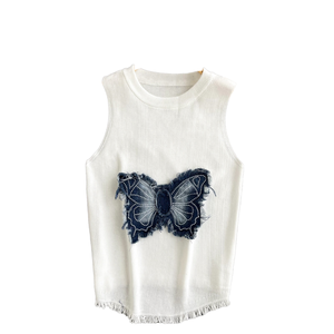 Débardeur en maille décontracté et respirant à coupe ajustée avec applique papillon, ourlet à pompons, col rond, sans manches, polyvalent et tendance pour femme - Product Image 1