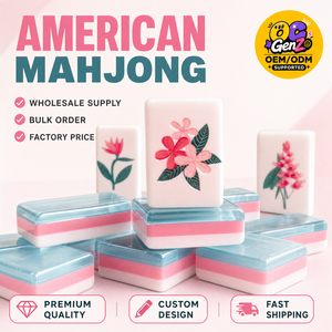 Juego de Mahjong Americano de Lujo con Fichas Florales de Acrílico, Grabado con Patrón Botánico Colorido en Tonos Menta y Rosa - Product Image 1