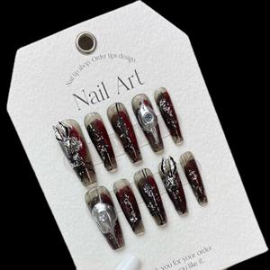 Lot de 10 faux <span class=keywords><strong>ongles</strong></span> longs faits à la main avec adhésifs, design dentelle noir tendance et élégant pour les doigts - Product Image 3